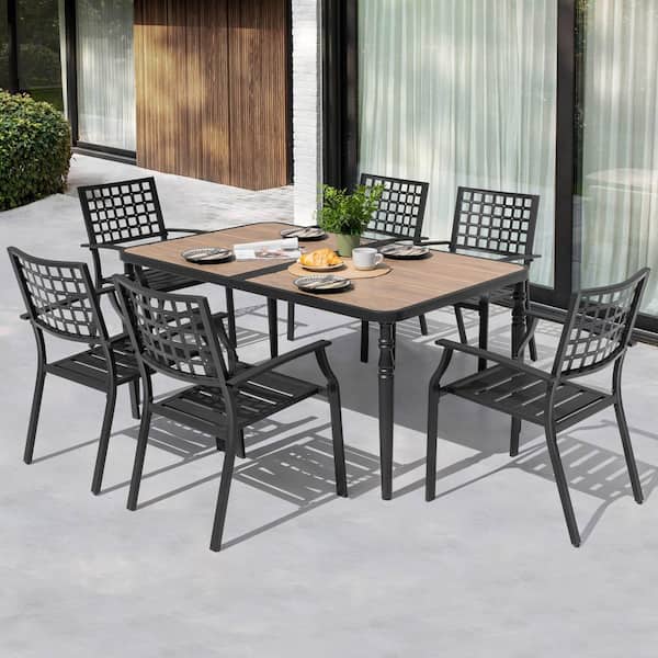 Black 7-Piece Outdoor Dining Set with 6 Stackable Chairs and Rectangle Table with Umbrella Hole