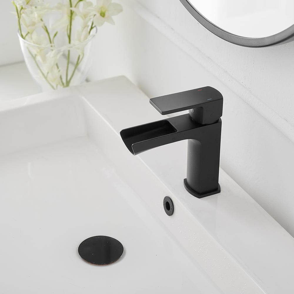 Matte Black Single-Handle Waterfall Bathroom Faucet with Drain Assembly