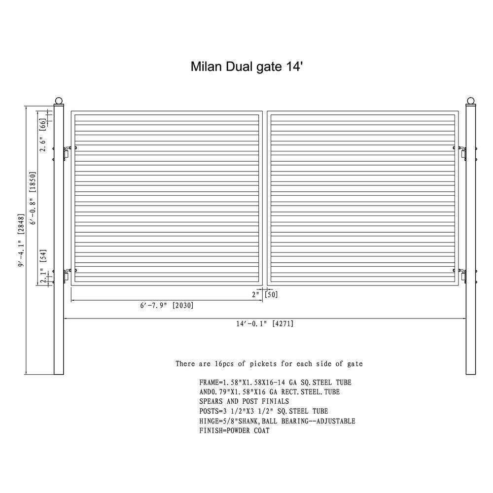 Milan Style Black Galvanized Steel Dual Swing Driveway Gate 14x6 Feet