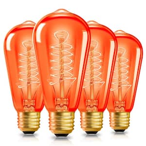 40-Watt Equivalent ST58 Orange Dimmable E26 Vintage Edison Incandescent-Light Bulb for Halloween Christmas (4-Pack)