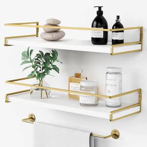 6 in. W x15.7 in. D Bathroom Floating Shelf Wall Mounted with Towel Rack, Decorative Wall Shelf, Gold+White