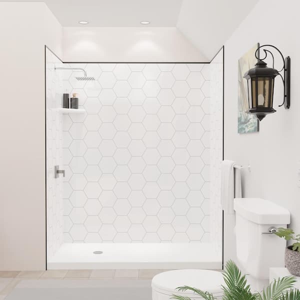 FlexStyle 36 in. x 60 in. W x 80 in. H 3-Piece Glue Up Alcove Shower Wall Surround in White Hex Black Trim
