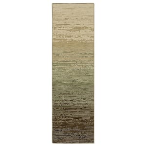 Ross Beige/Green 2 ft. x 8 ft. Abstract Distressed Stripe Polypropylene/Polyester Fringed Indoor Runner Area Rug