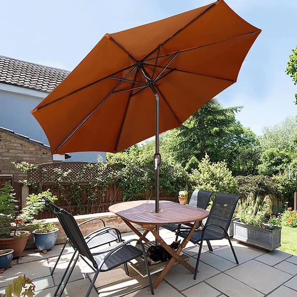 brown striped patio umbrella Cubilan Outdoor Patio Umbrella, Market Striped Umbrella with Push Button Tilt and Crank, Market in Brown