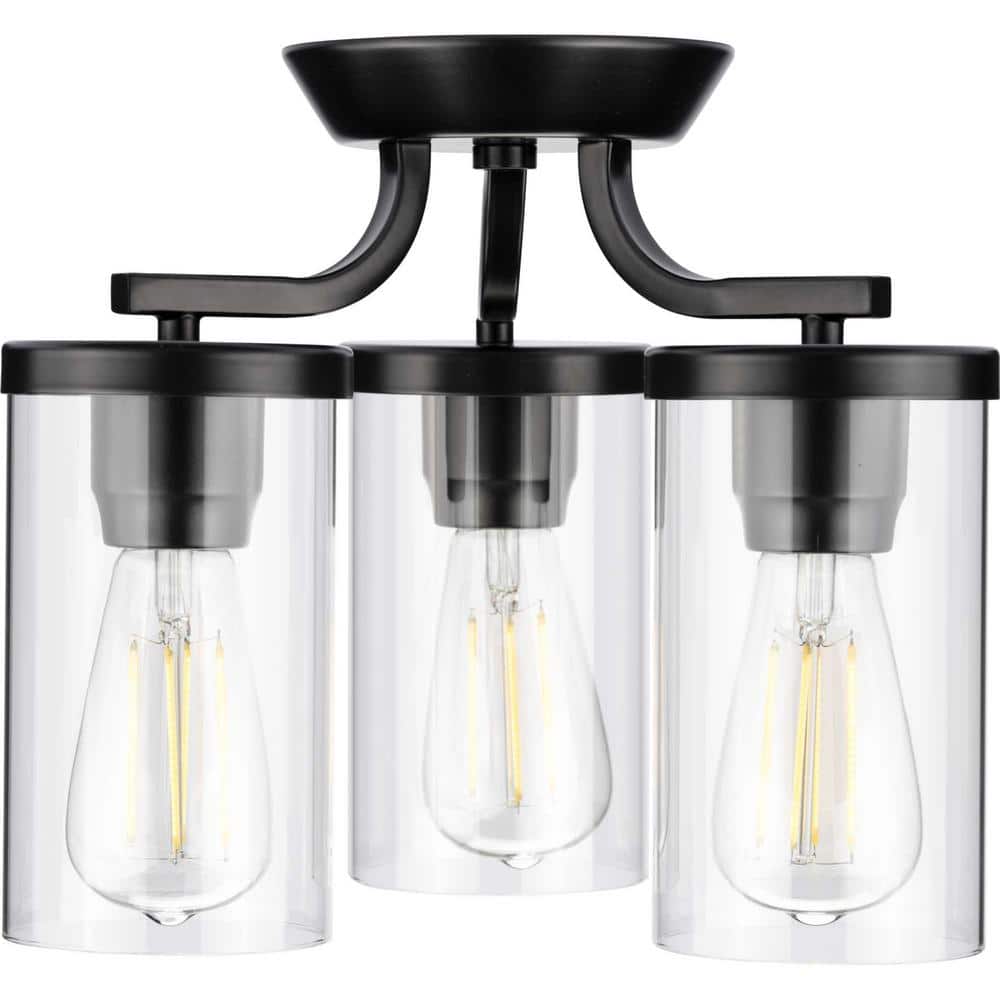 Matte Black Glass and Nickel Three-Light Semi-Flush Mount