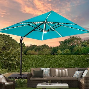 10 ft. x 10 ft. Aluminum Pole Outdoor Square Cantilever Umbrella Solar LED Patio Umbrella in Lake Blue