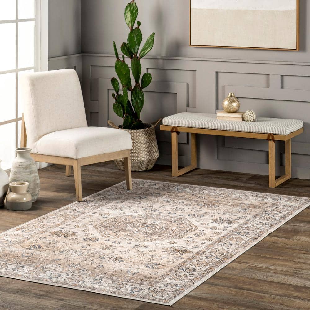 Darby Beige and Ivory Synthetic Flat Woven Washable Area Rug
