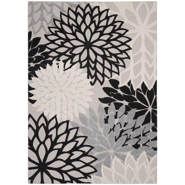 Nourison Aloha Contemporary Black White 10 ft. x 13 ft. Floral Indoor/Outdoor Patio Area Rug