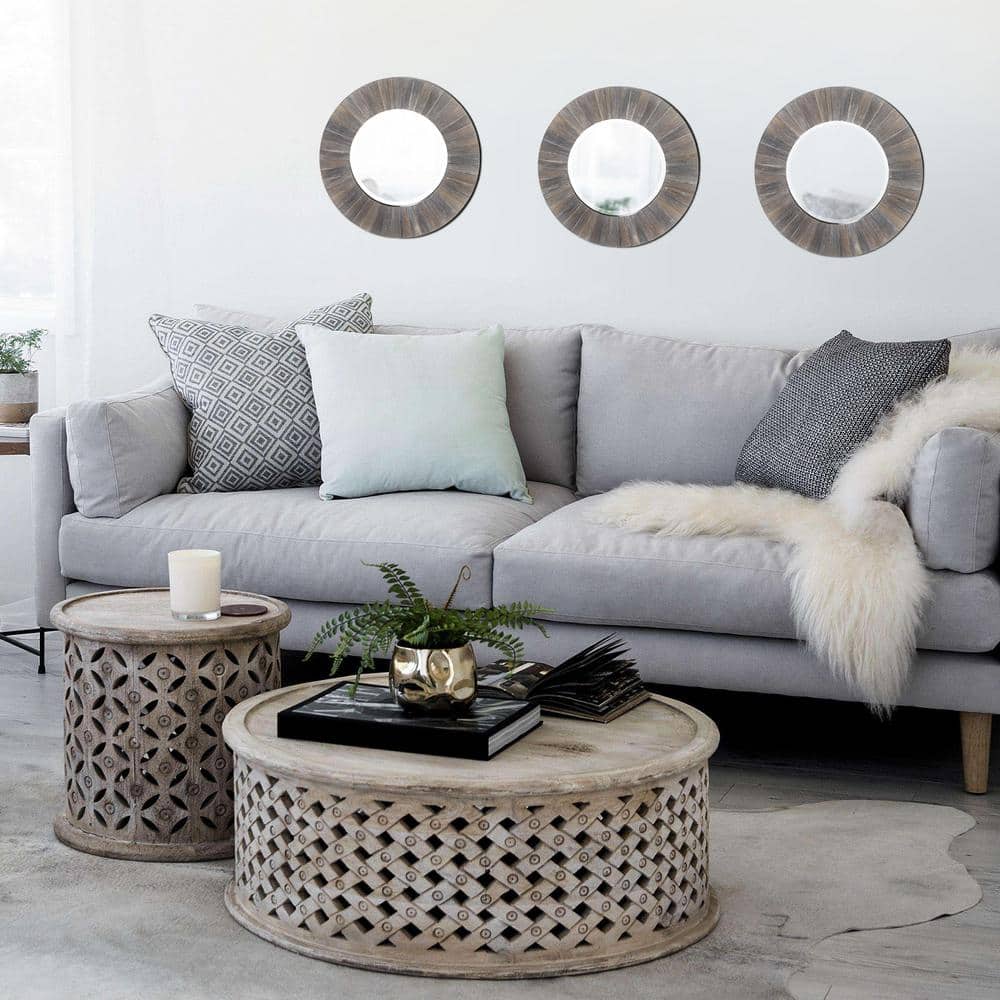 Small Round Gray Rustic Wood Wall Mirror with Beveled Glass