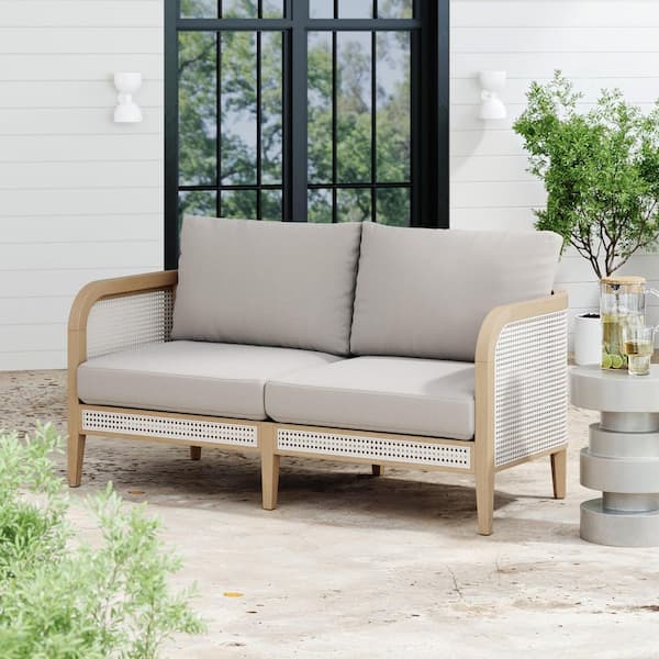 Twila Light Brown Acacia Wood Frame Outdoor Loveseat with Rattan Arms and White Linen Cushions