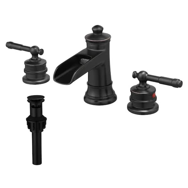 FLG 8 in. Widespread Double Handle Bathroom Faucet with Drain Kit Brass Waterfall Bathroom Sink Taps in Oil Rubbed Bronze