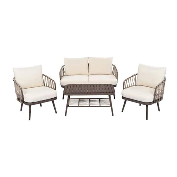 4-Piece Outdoor Furniture Set: Metal Chairs with Woven Rope U-Backrest & Cozy Cushions for Garden, Balcony Brown & Beige