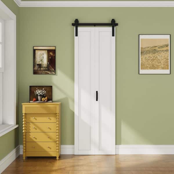 25 in. x 84 in. 1-Paneled White Primed Composite MDF Bifold Sliding Barn Door with Hardware Kit