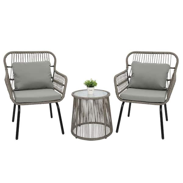 Karl home Black Frame 3-Piece Wicker Patio Conversation Set with Grey Cushions