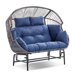 Corina Gray Double Wicker Outdoor Large Glider Egg Chair with Legs and Blue Cushions