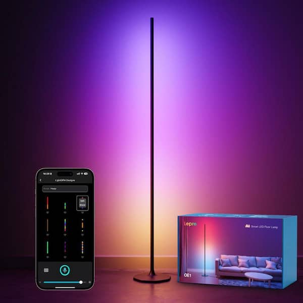 OE1 55 in. Smart RGBWW Black Standard Floor Lamp, 1000 LM Dimmable Color Changing Accent Light for bedroom living room