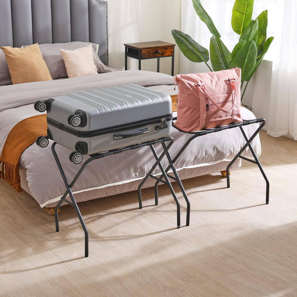 Black Foldable Steel Luggage Rack with Nylon Straps (2-Pack)