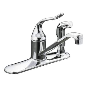 Coralais Low-Arc Single-Handle Standard Kitchen Faucet with Side Sprayer and Escutcheon in Polished Chrome
