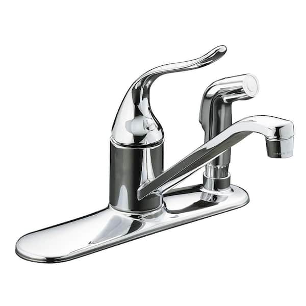 KOHLER Coralais Low-Arc Single-Handle Standard Kitchen Faucet with Side Sprayer and Escutcheon in Polished Chrome
