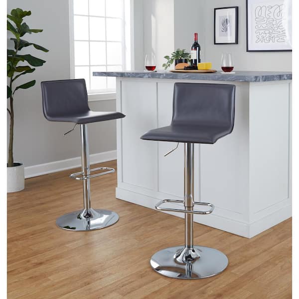LumiSource Mara 32.75 in. Grey Faux Leather and Chrome Metal Adjustable Bar Stool with Rounded Rectangle Footrest (Set of 2)