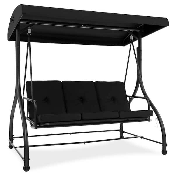 Gymax Converting Patio Swing Chair Porch Swing Bed with Adjustable Canopy and Thickened Cushion Black