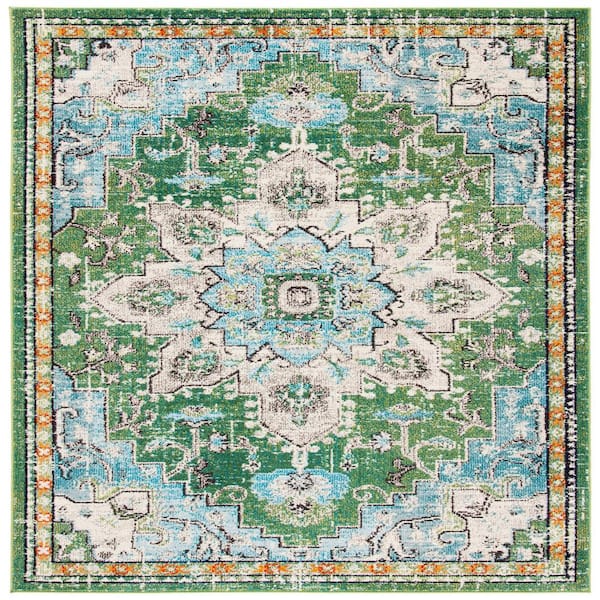 Madison Green/Turquoise 12 ft. x 12 ft. Border Geometric Floral Medallion Square Area Rug