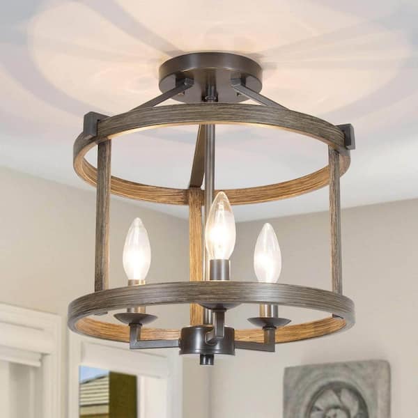Modern Farmhouse Brown Drum Semi Flush Mount 3-Light Faux Wood Textured Candlestick Bedroom Living Room Ceiling Lighting