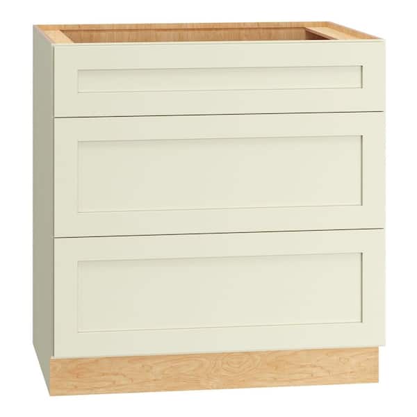 QuickShip Cottage 33 in. W x 24 in. D x 34.5 in. H Assembled Plywood Shaker 3-Drawer Base Kitchen Cabinet in Starlight