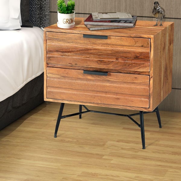 THE URBAN PORT Black and Brown 2-Drawer Wooden Nightstand with Metal Angled Legs