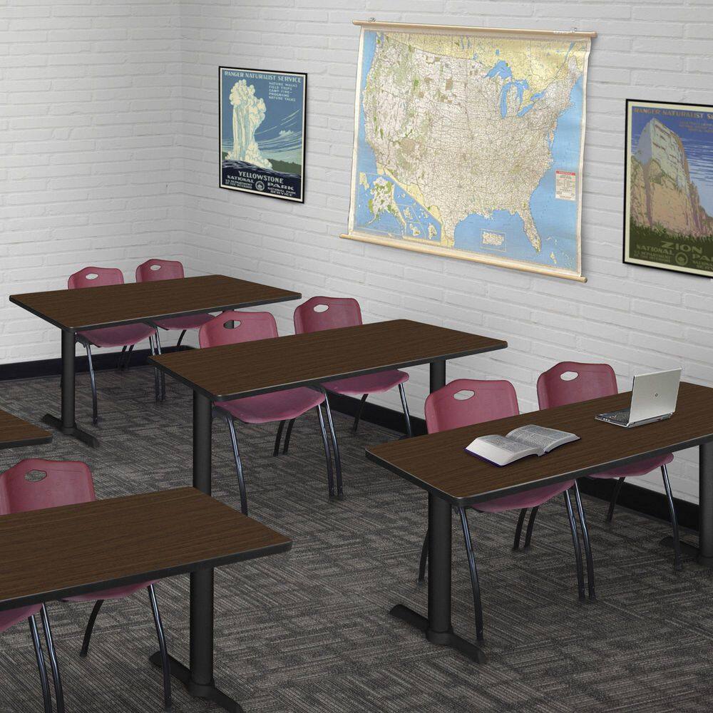 Cain 48 in. x 24 in. Neo Walnut T-Base Training Seminar Table Desk and 2 M Stack Chairs-Burgundy