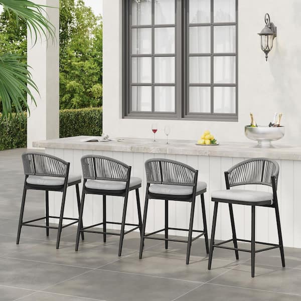 CHRISTOPHER KNIGHT HOME Roger 26 in. Patio PE Rattan and Metal Outdoor Bar Stools with Light Grey Cushions, Matte Black, (Set of 4)