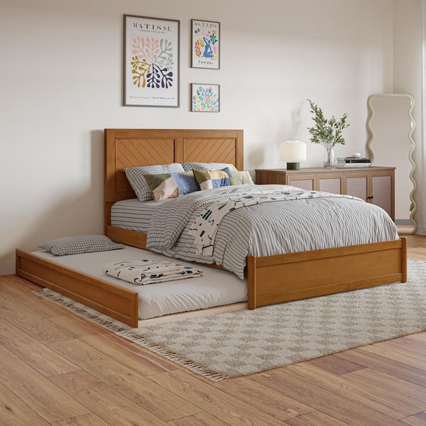 Clayton Light Toffee Natural Bronze Solid Wood Frame Full Platform Bed with Panel Footboard and Twin Trundle
