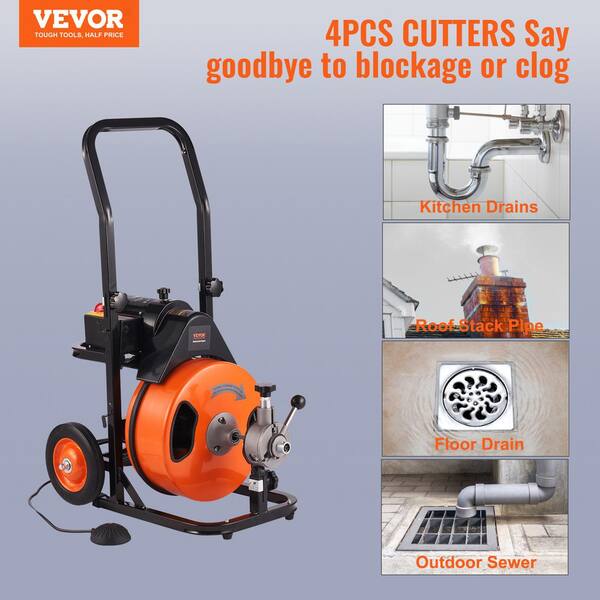VEVOR Drain Auger Cleaner 75 ft. x 3 8 in. Sewer Snake Machine AutoFeed with 4 Cutters and Foot Switch for 1 in. x 4 in. Pipe ZDJJKLSGDSTJZXGSSV1 0417 The Home Depot