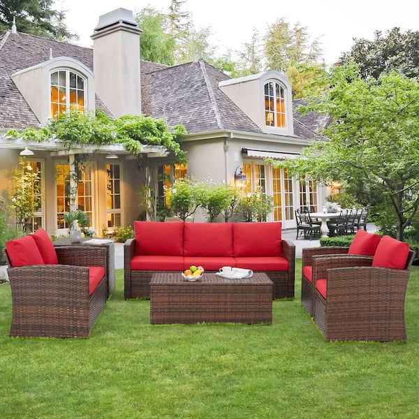 Sudzendf 7-Piece Wicker Outdoor Conversation Patio Furniture Set with Red Cushions