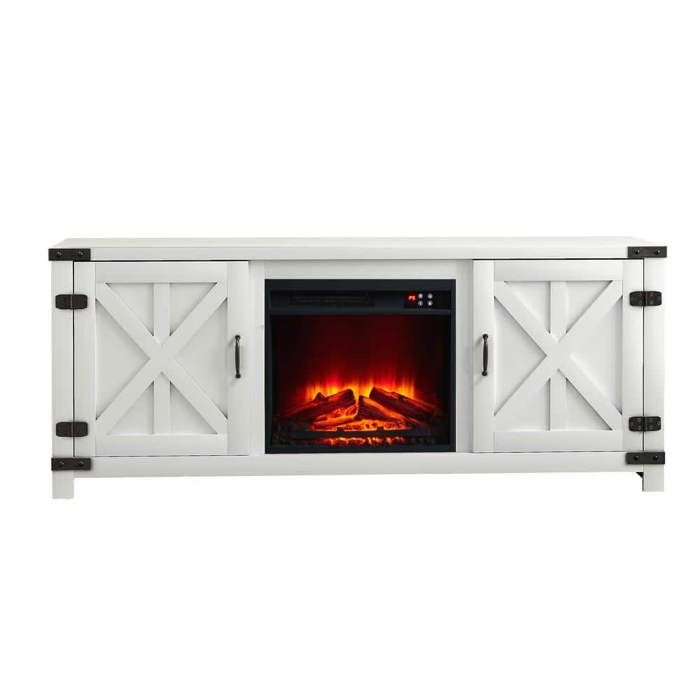 58 in. Farmhouse Wooden TV Stand with Electric Fireplace in White for TVs up to 65 in -  FESTIVO, FFP22252