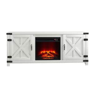 58 in. Farmhouse Wooden TV Stand with Electric Fireplace in White for TVs up to 65 in.