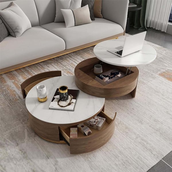 Modern Nesting 31.5 in. Golden White Round MDF Lift-top Coffee Table with  Drawers YYmd-CA-16 - The Home Depot