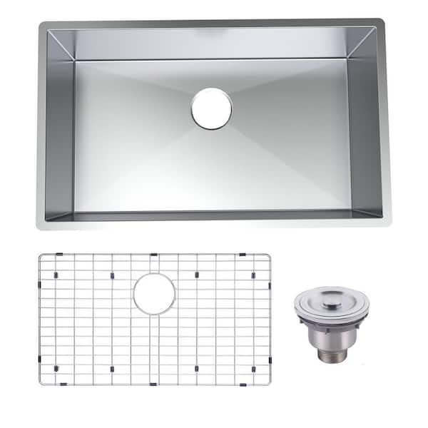 32.00 in. Single Bowl Drop-In/Undermount 20-Gauge Silver Stainless Steel Kitchen Sink with Grid and Strainer