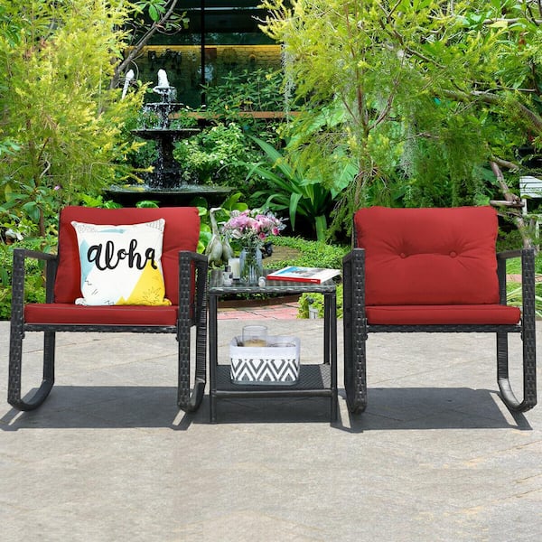 Liviza 3-Piece Red Cushioned Rattan Metal Patio Conversation Set with Rocking Chair and Glass-Top Table