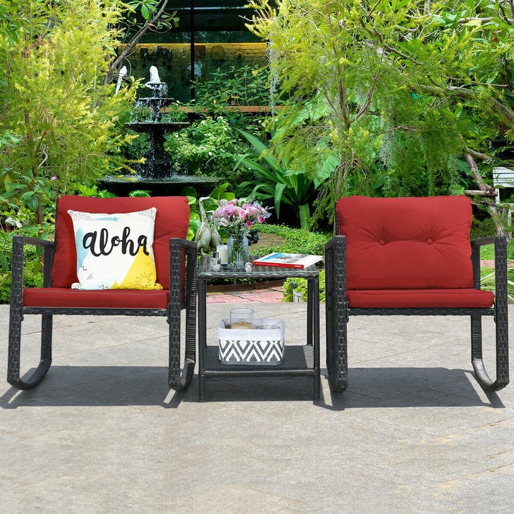 Red Cushioned Black Steel Rocking Armchairs with Glass Table Set