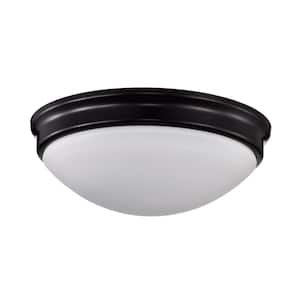13 in. 2-Light Oil Rubbed Bronze Modern Flush Mount with White Glass Shade
