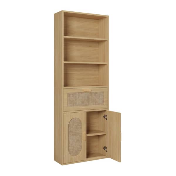 Rattan Tan 70.86 in. H Display Cabinet with 3 Layer 2-door 1-Drawer Farmhouse Rustic Style