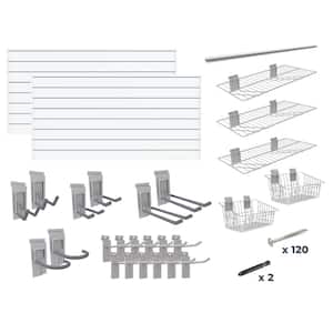 Super Bundle 48 in. H x 96 in. W Slatwall Kit in White PVC 64 sq. ft. with 25-Piece Accessory Kit