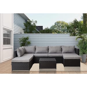 Black 8-Piece Wicker Patio Furniture Sets Patio Conversation Set with Washable Grey Cushions and Storage Table