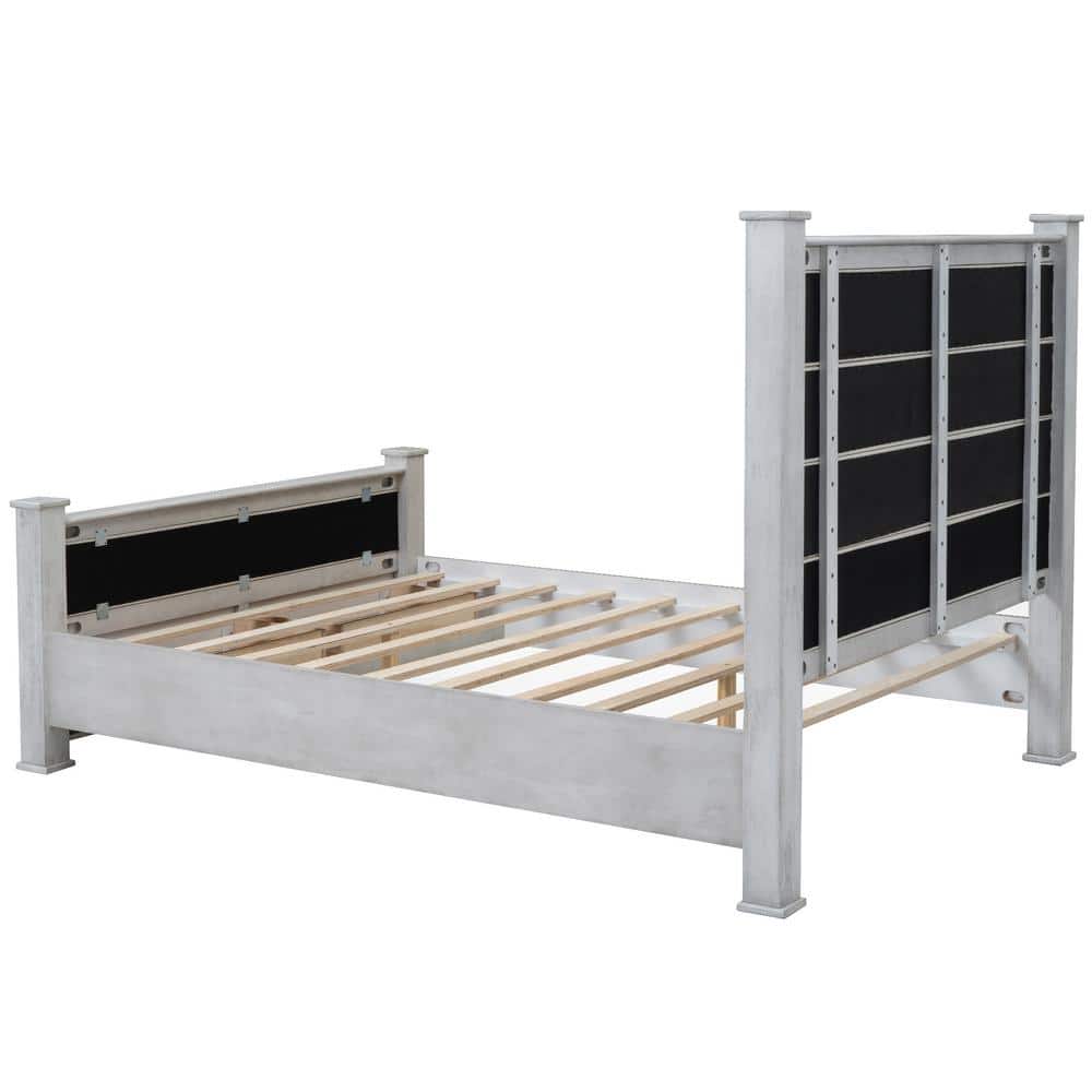 Antique White Queen Pine Wood Platform Bed with Upholstered Headboard and Storage Drawers