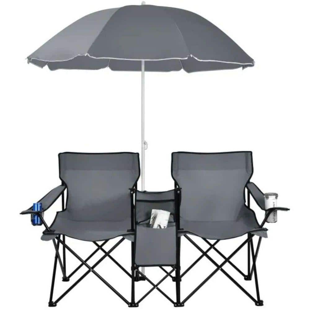 Portable Folding Picnic Double Chair w/Adjustable Umbrella, 2-Seater Outdoor Camping Loveseat w/Cooler Bag, Side Pocket price history on PriceWatchPro