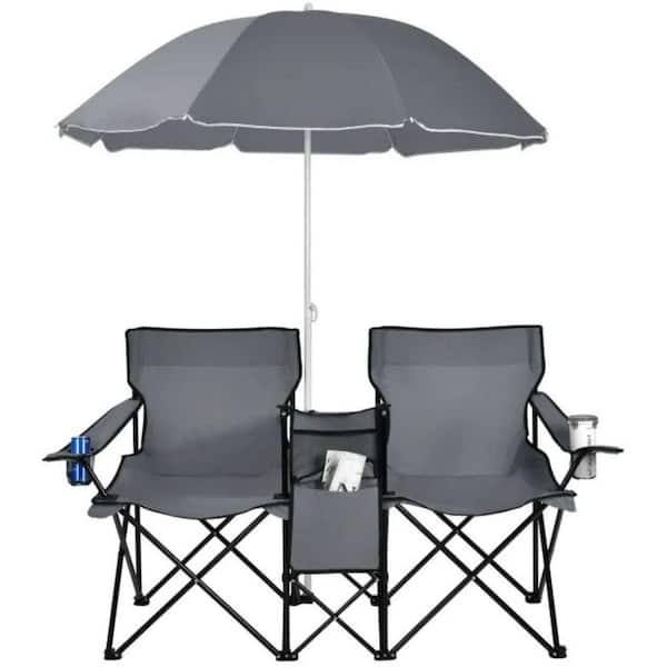 Portable Folding Picnic Double Chair w/Adjustable Umbrella, 2-Seater Outdoor Camping Loveseat w/Cooler Bag, Side Pocket