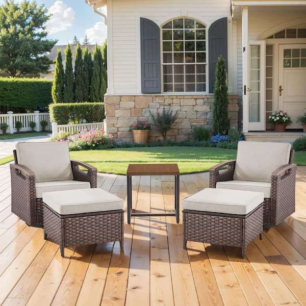 Kelsey Beige 5-Piece All-Weather Brown Wicker Outdoor Swivel Rocking Chairs with Ottomans and Side Table