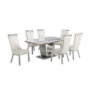 Ada 7-Piece White Marble Top with Stainless Steel Base Table Set with 6-White Faux Leather Chairs