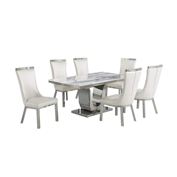 Best Quality Furniture Ada 7-Piece White Marble Top with Stainless Steel Base Table Set with 6-White Faux Leather Chairs